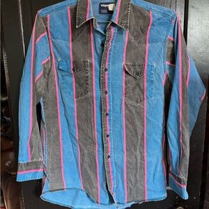 90s Wrangler Brushpopper Blue and Pink Striped Casual Button Down Shirt
